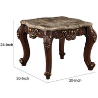 Square Marble Top End Table With Carved Floral Motifs Wooden Feet, Brown - AMF-81697