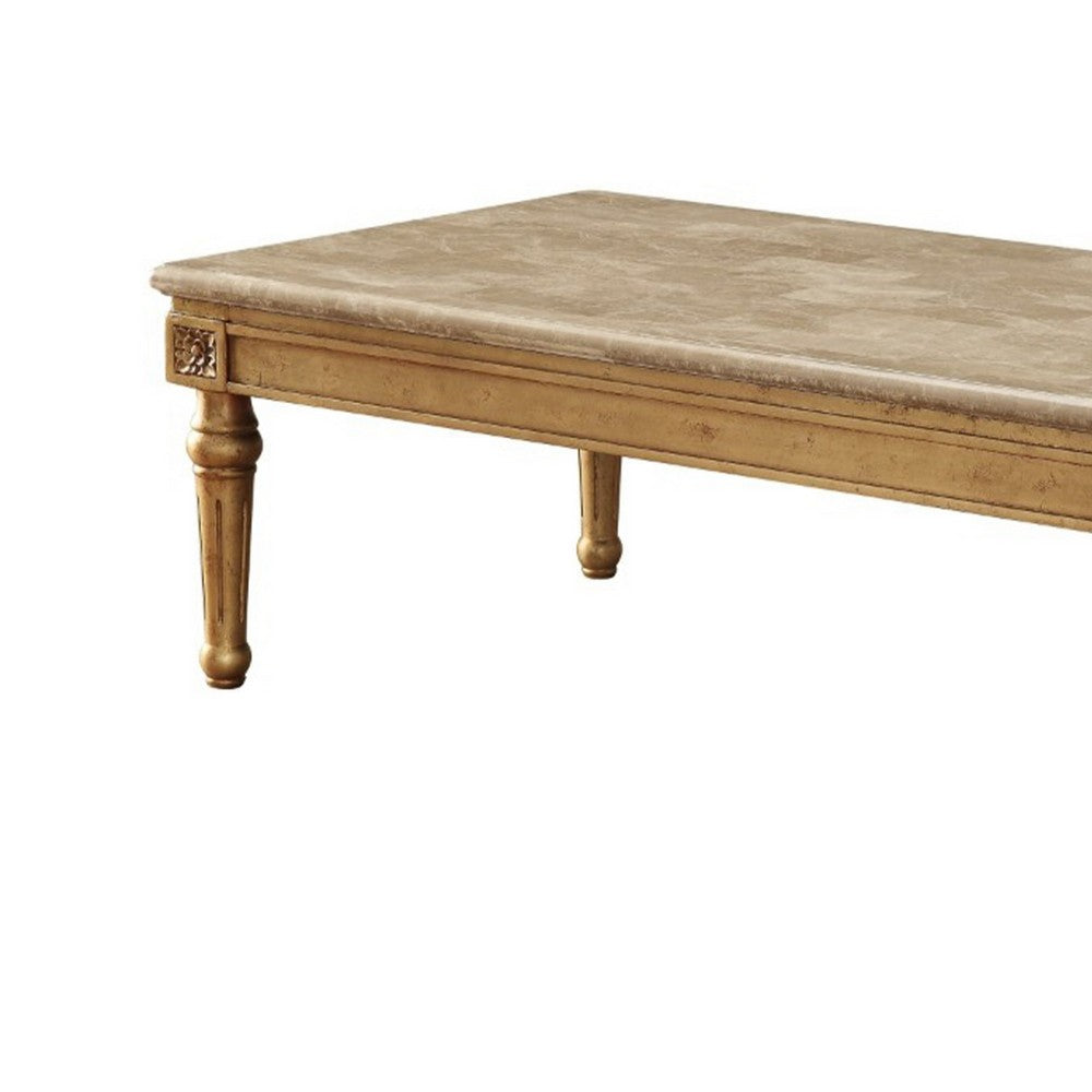 Traditional Style Rectangular Wood and Marble Coffee Table, Gold - AMF-81715