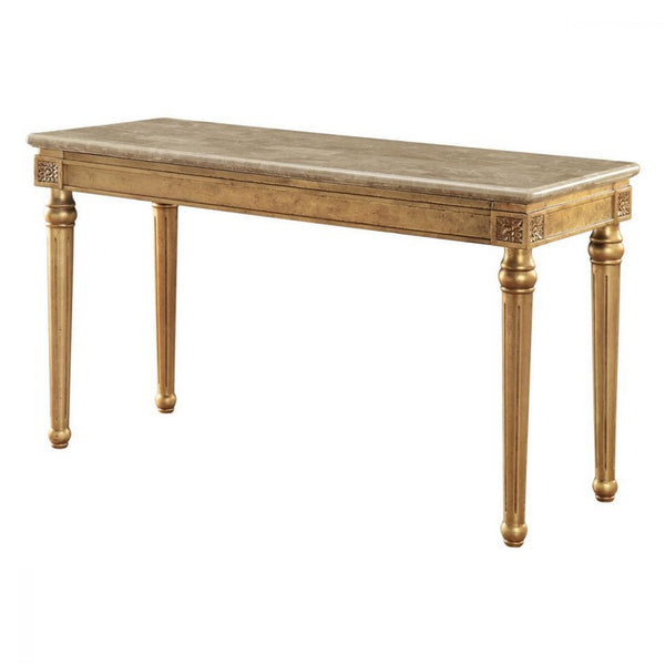 Marble Top Sofa Table With Fluted Detail Wooden Turned Legs, Gold - BM185786