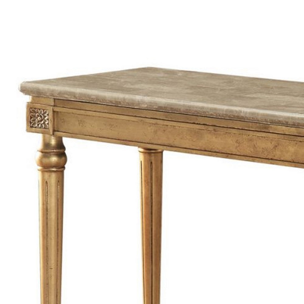 Marble Top Sofa Table With Fluted Detail Wooden Turned Legs, Gold - BM185786