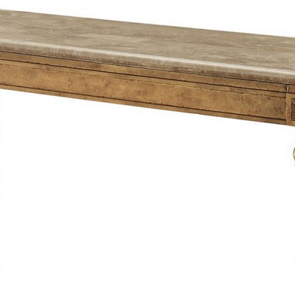 Marble Top Sofa Table With Fluted Detail Wooden Turned Legs, Gold - BM185786