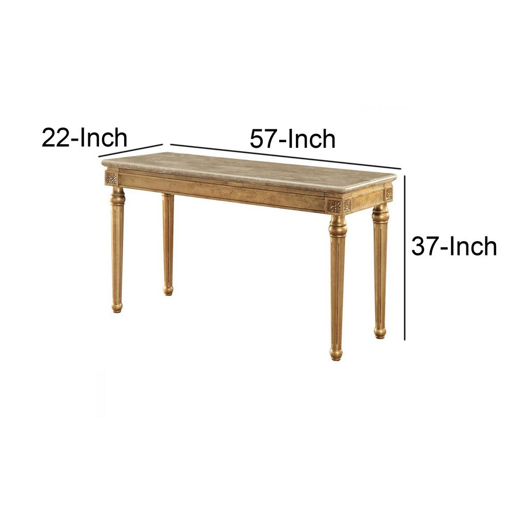 Marble Top Sofa Table With Fluted Detail Wooden Turned Legs, Gold - BM185786
