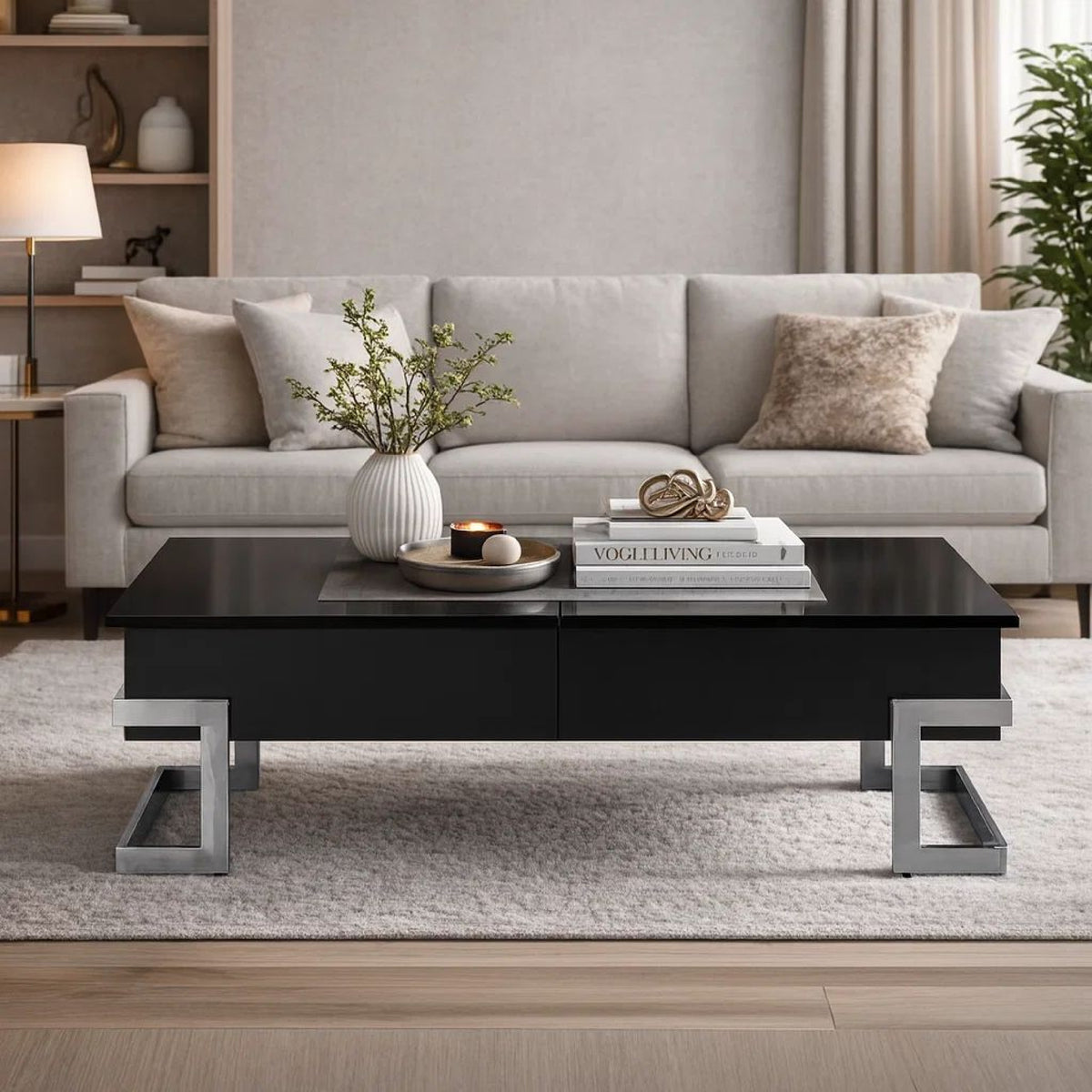 BM185789 Wooden Coffee Table With Lift Top Storage Space, Black