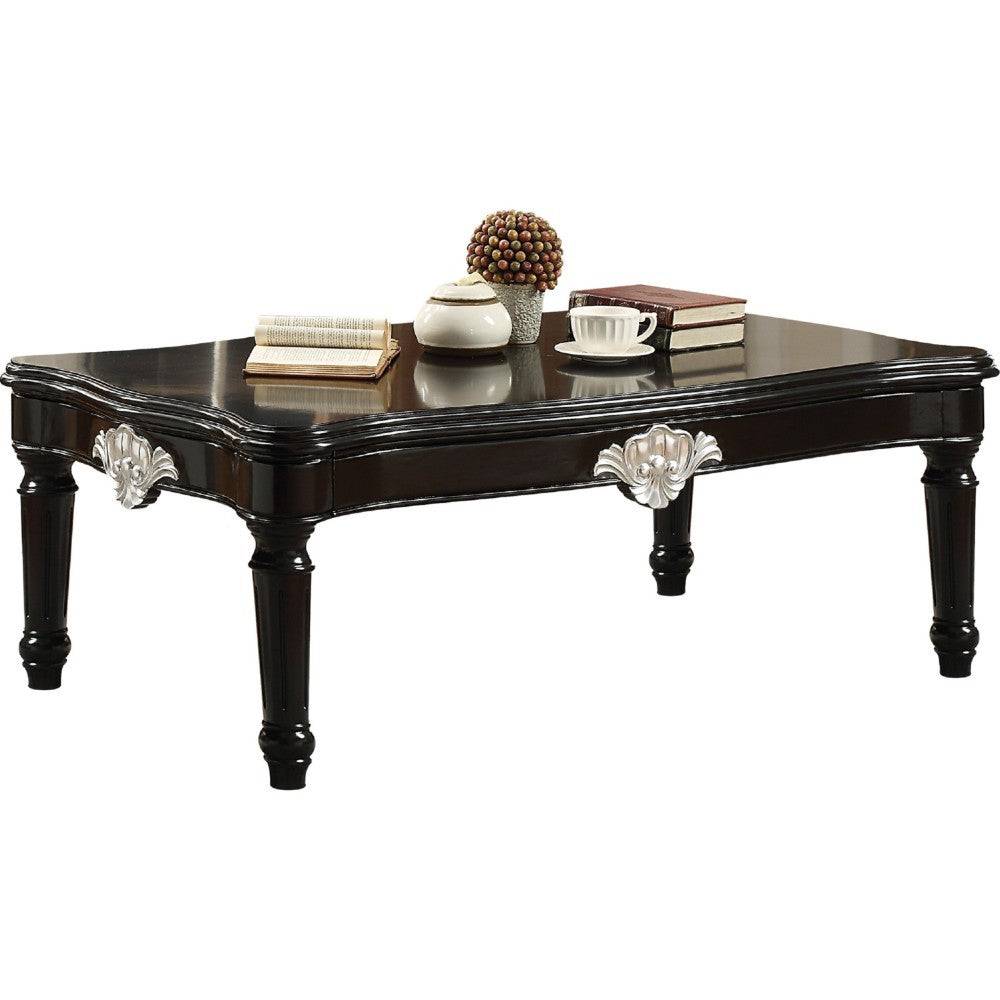 Traditional Rectangular Wooden Coffee Table with Scalloped Top, Black - AMF-82110
