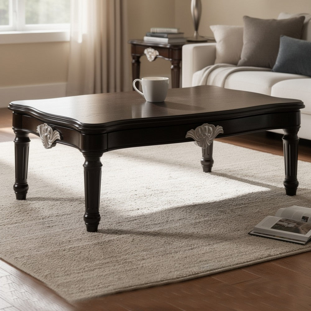 Traditional Rectangular Wooden Coffee Table with Scalloped Top, Black - AMF-82110