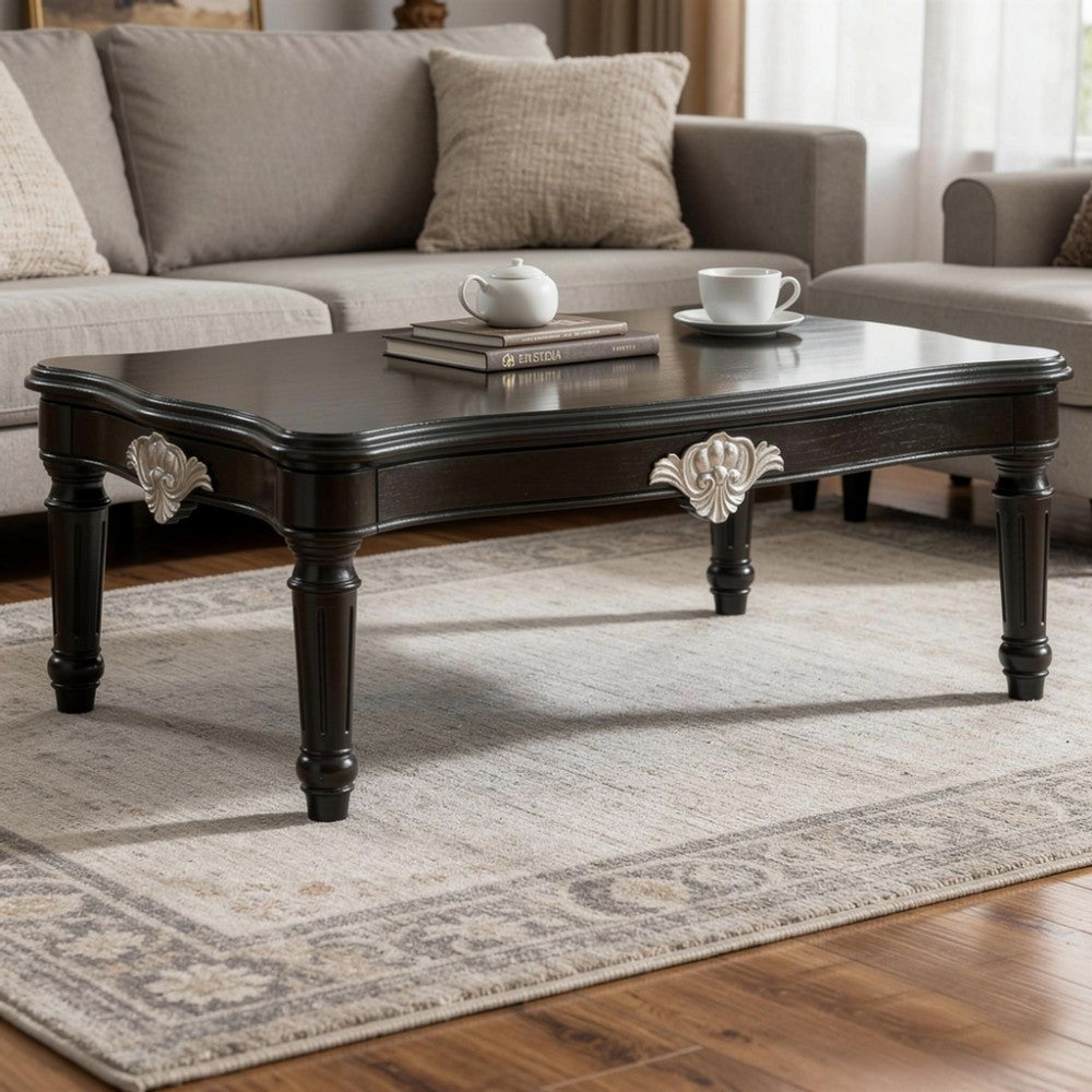 Traditional Rectangular Wooden Coffee Table with Scalloped Top, Black - AMF-82110