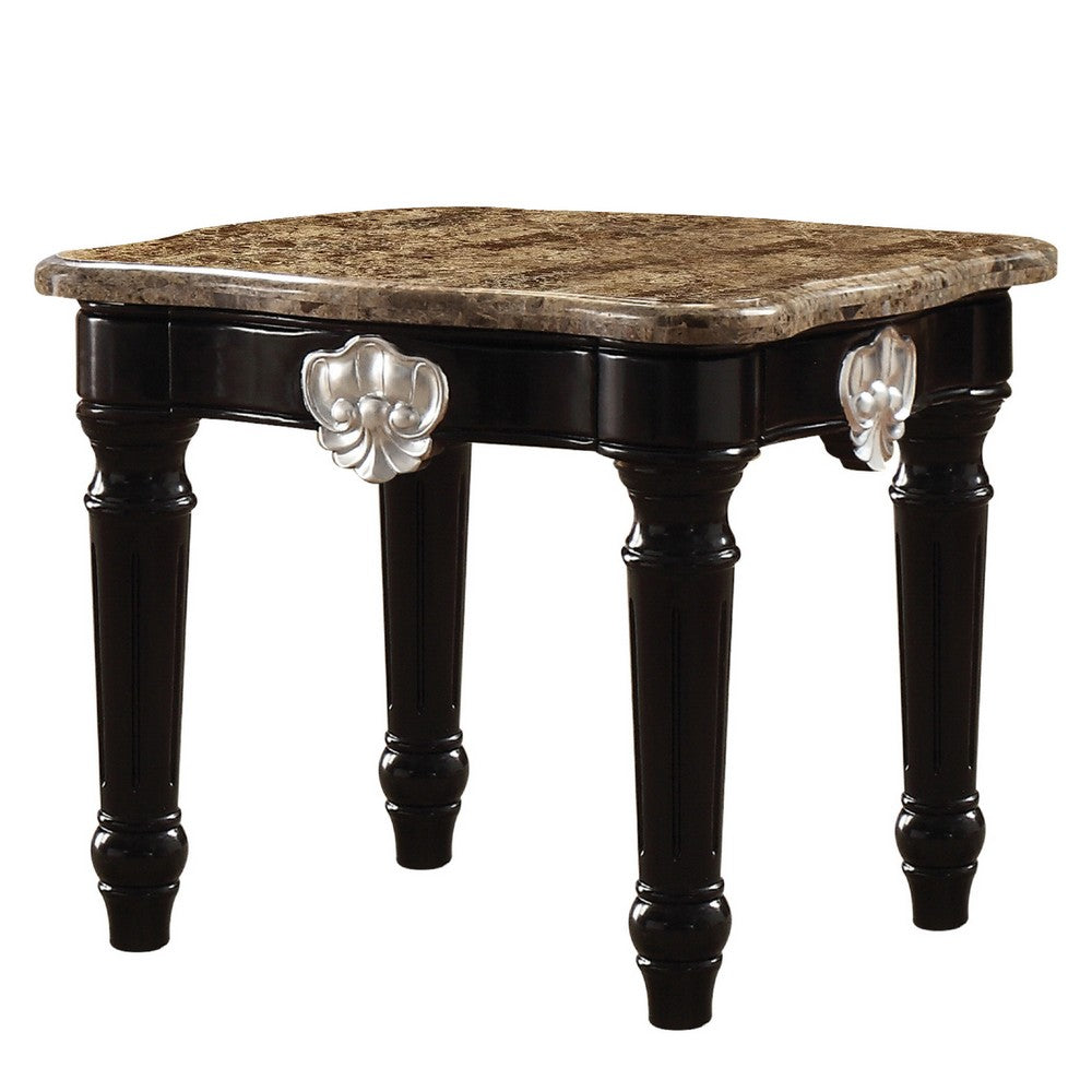 Marble Top End Table With Contrast Carved Motif Turned Wood Legs, Black - AMF-82152
