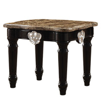 Marble Top End Table With Contrast Carved Motif Turned Wood Legs, Black - AMF-82152