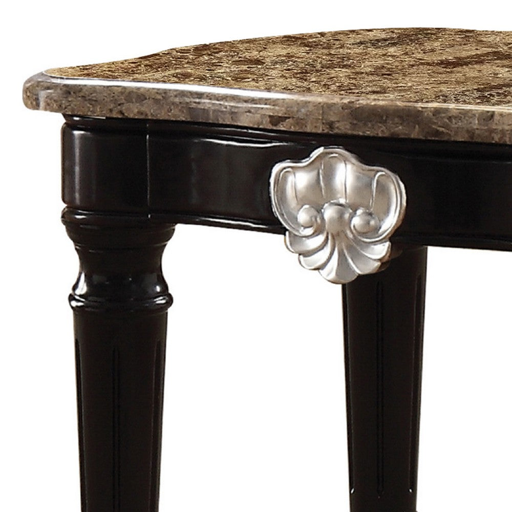 Marble Top End Table With Contrast Carved Motif Turned Wood Legs, Black - AMF-82152