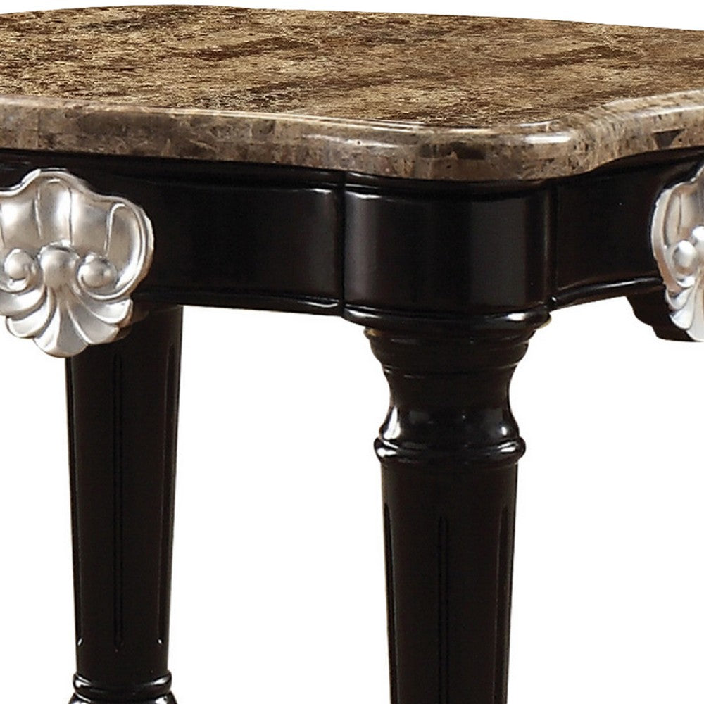 Marble Top End Table With Contrast Carved Motif Turned Wood Legs, Black - AMF-82152