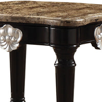 Marble Top End Table With Contrast Carved Motif Turned Wood Legs, Black - AMF-82152