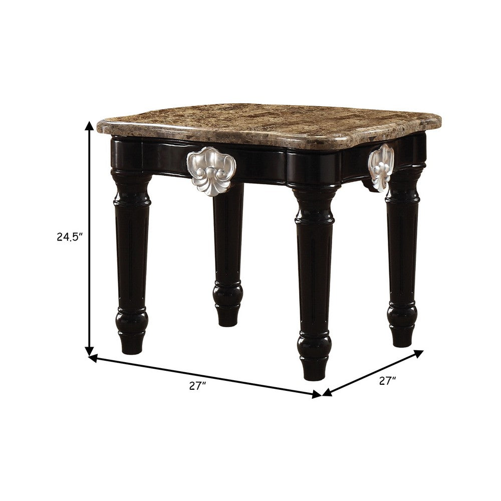 Marble Top End Table With Contrast Carved Motif Turned Wood Legs, Black - AMF-82152