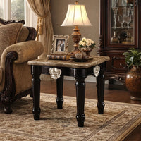 Marble Top End Table With Contrast Carved Motif Turned Wood Legs, Black - AMF-82152