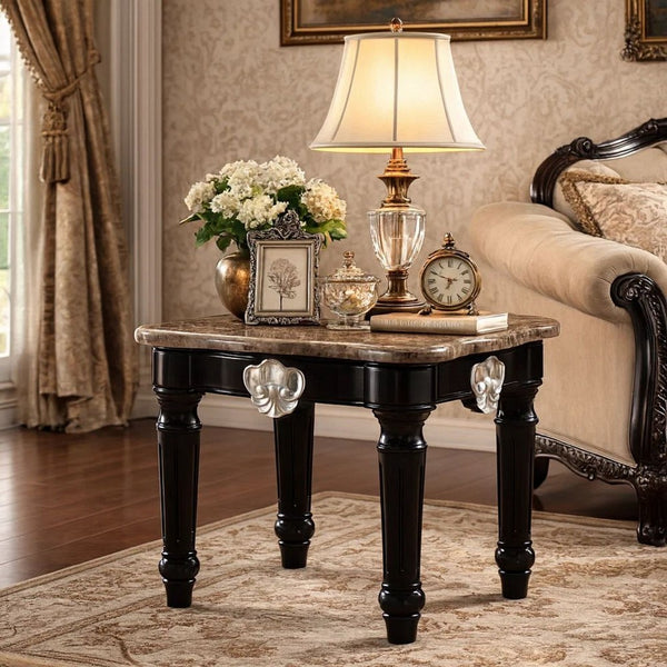 Marble Top End Table With Contrast Carved Motif Turned Wood Legs, Black - AMF-82152