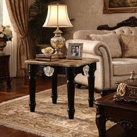 Marble Top End Table With Contrast Carved Motif Turned Wood Legs, Black - AMF-82152
