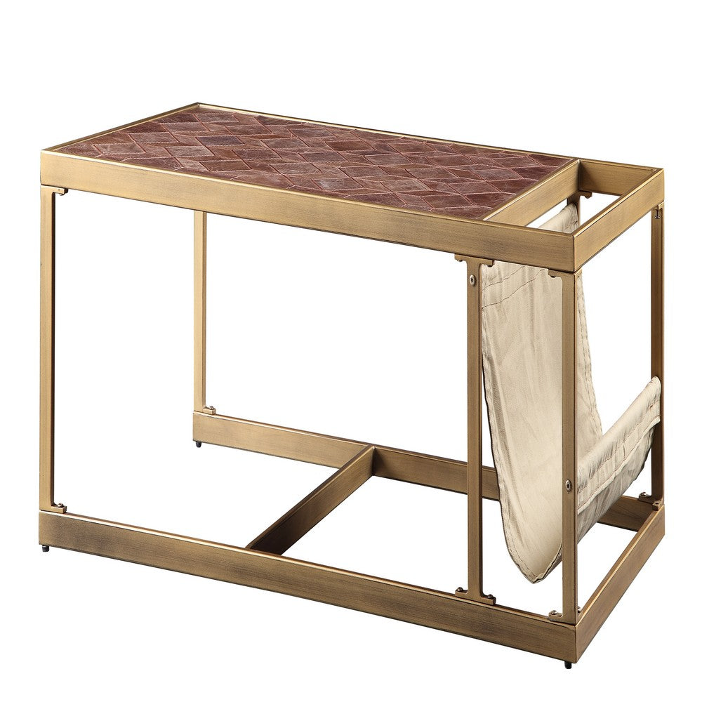Metal Constructed Coffee Table with Leatherette Top and Magazine Holder, Beige and Gold - AMF-82310