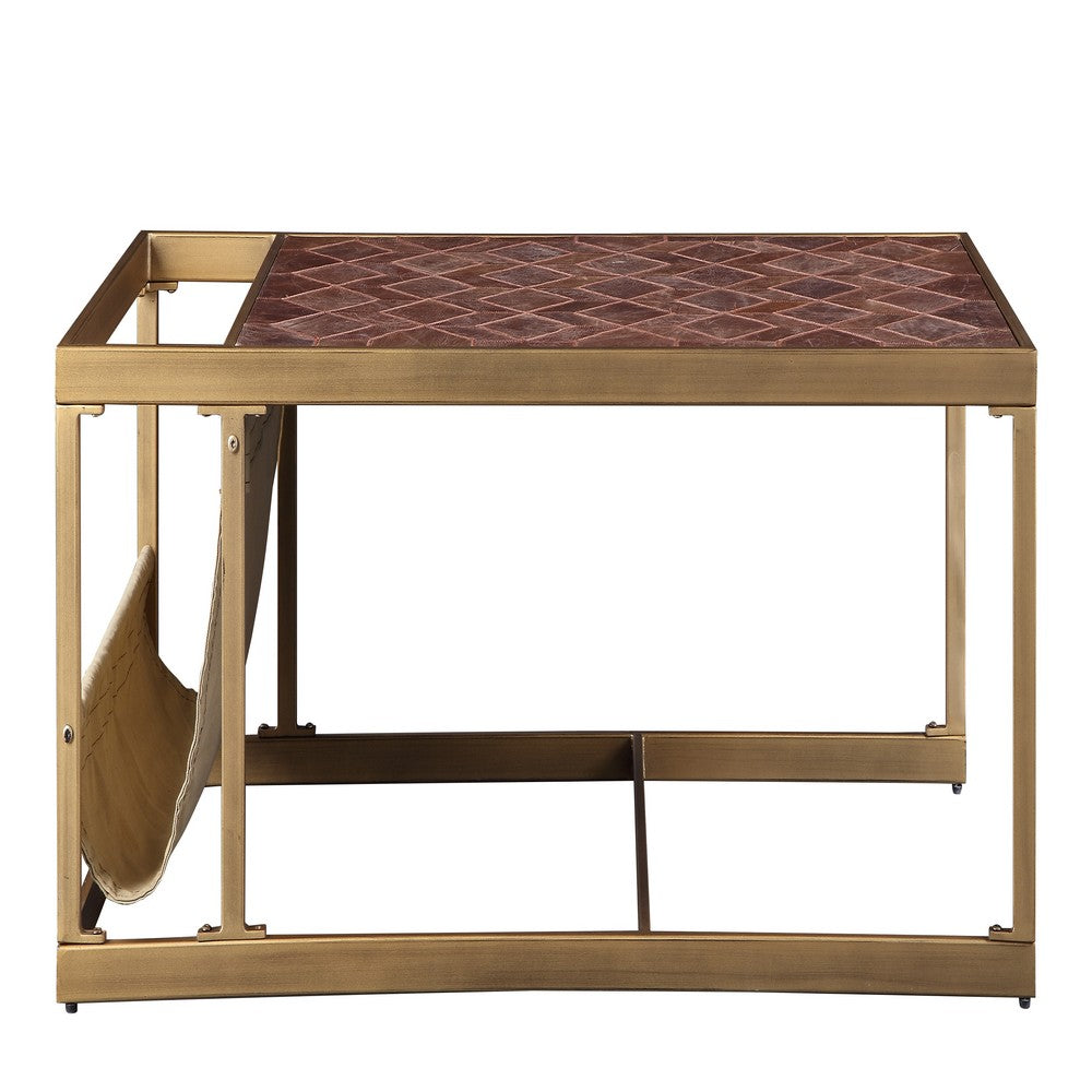 Metal Constructed Coffee Table with Leatherette Top and Magazine Holder, Beige and Gold - AMF-82310