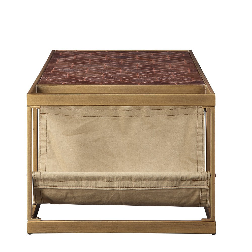 Metal Constructed Coffee Table with Leatherette Top and Magazine Holder, Beige and Gold - AMF-82310