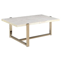 BM194439 Modern Metal Framed Coffee Table with Faux Marble Top, White and Gold