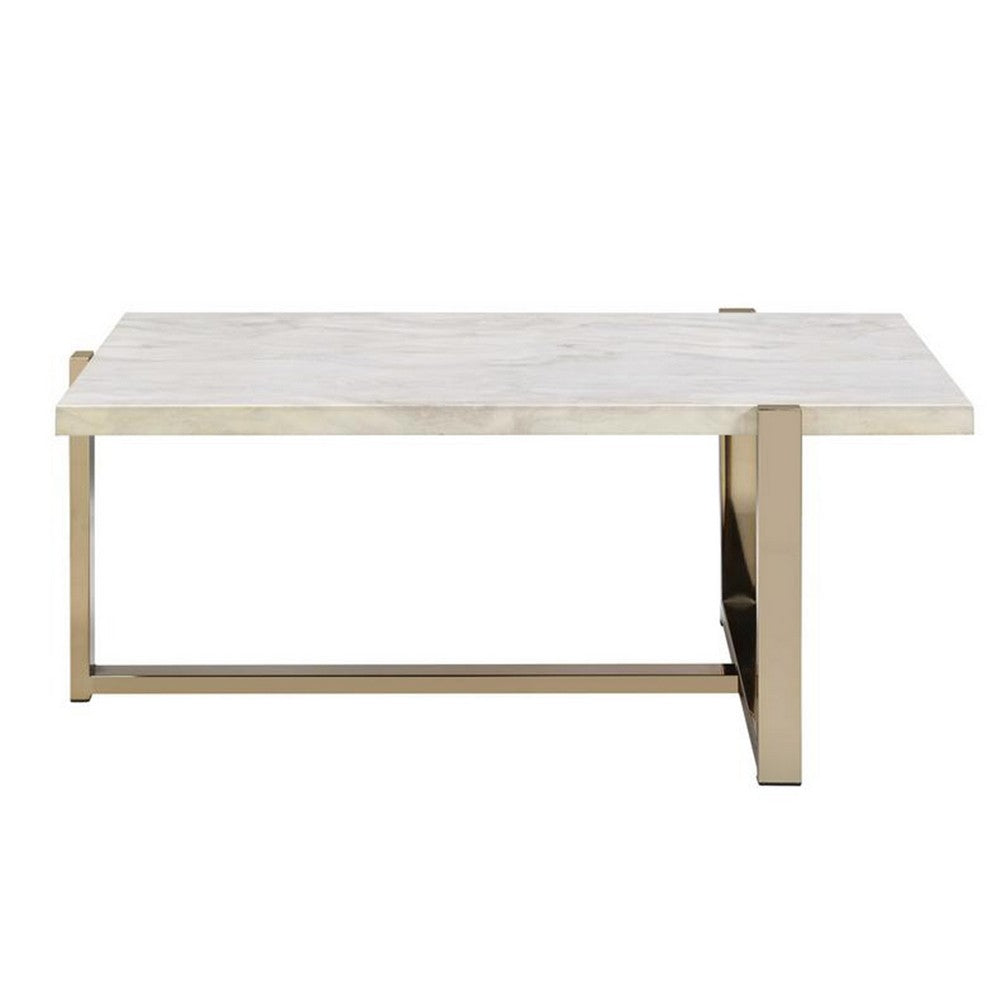 BM194439 Modern Metal Framed Coffee Table with Faux Marble Top, White and Gold