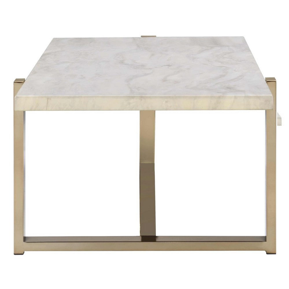 BM194439 Modern Metal Framed Coffee Table with Faux Marble Top, White and Gold