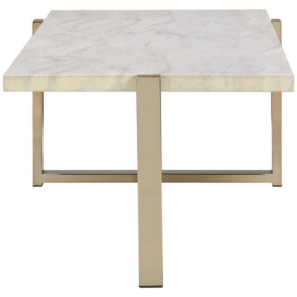 BM194439 Modern Metal Framed Coffee Table with Faux Marble Top, White and Gold