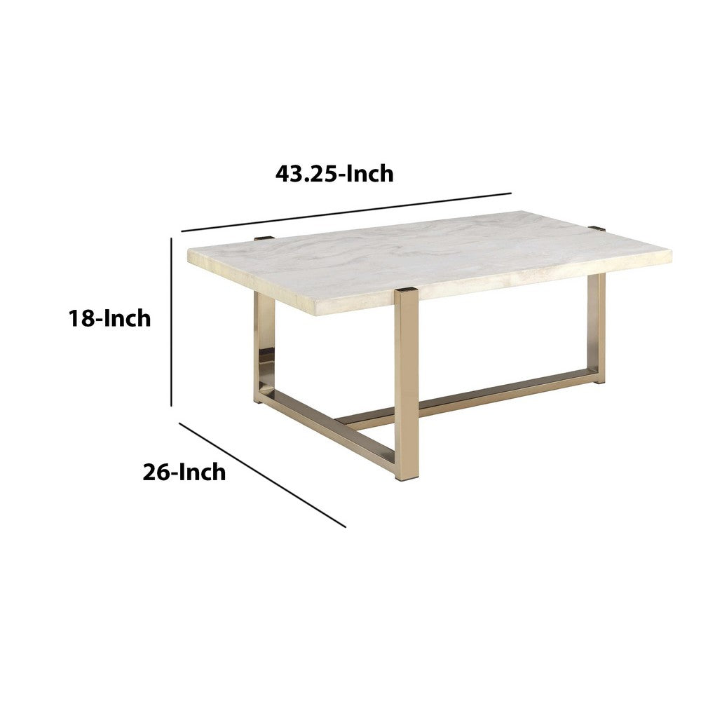 BM194439 Modern Metal Framed Coffee Table with Faux Marble Top, White and Gold