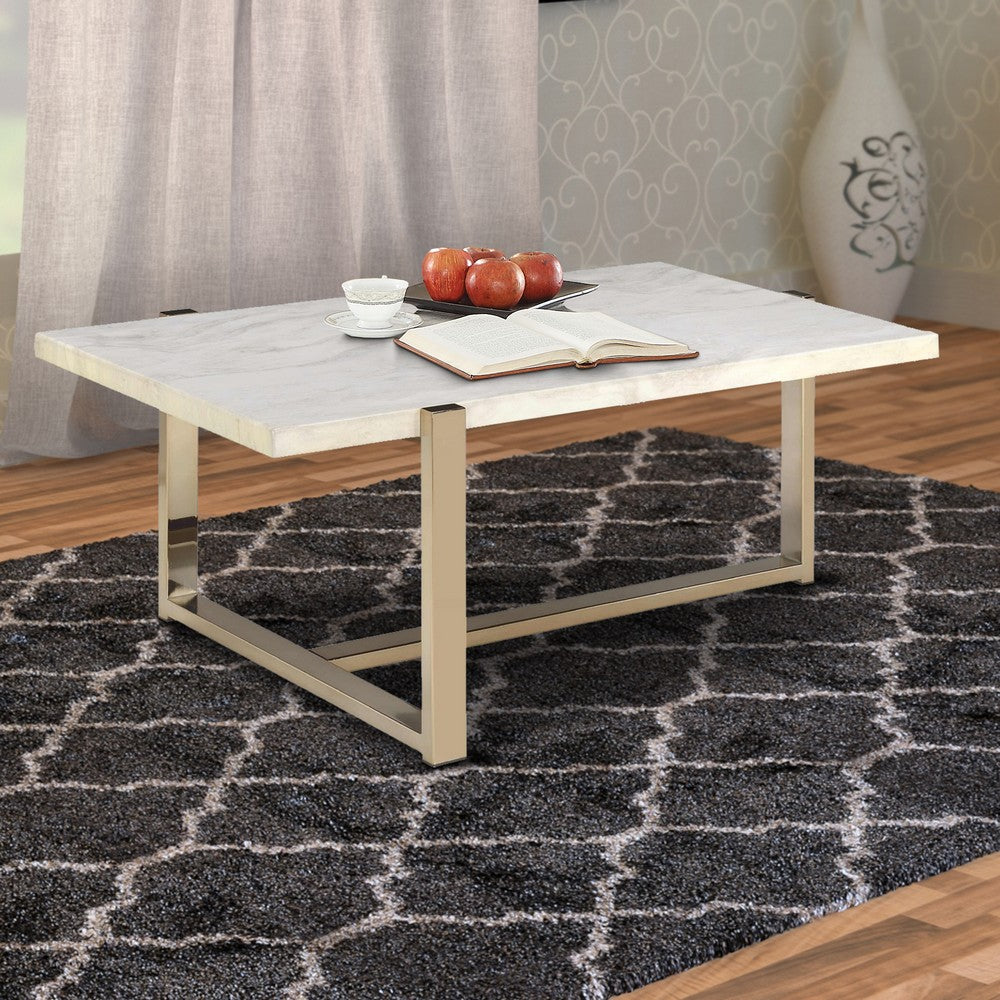BM194439 Modern Metal Framed Coffee Table with Faux Marble Top, White and Gold