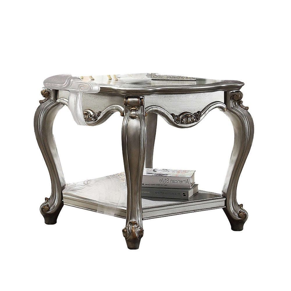 Side End Table, Scalloping, Polyresin Carvings and Bottom Shelf, Silver - AMF-83467