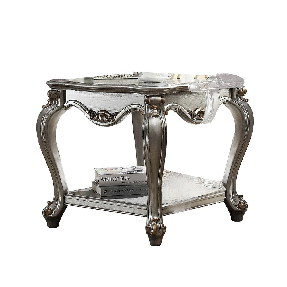 Side End Table, Scalloping, Polyresin Carvings and Bottom Shelf, Silver - AMF-83467