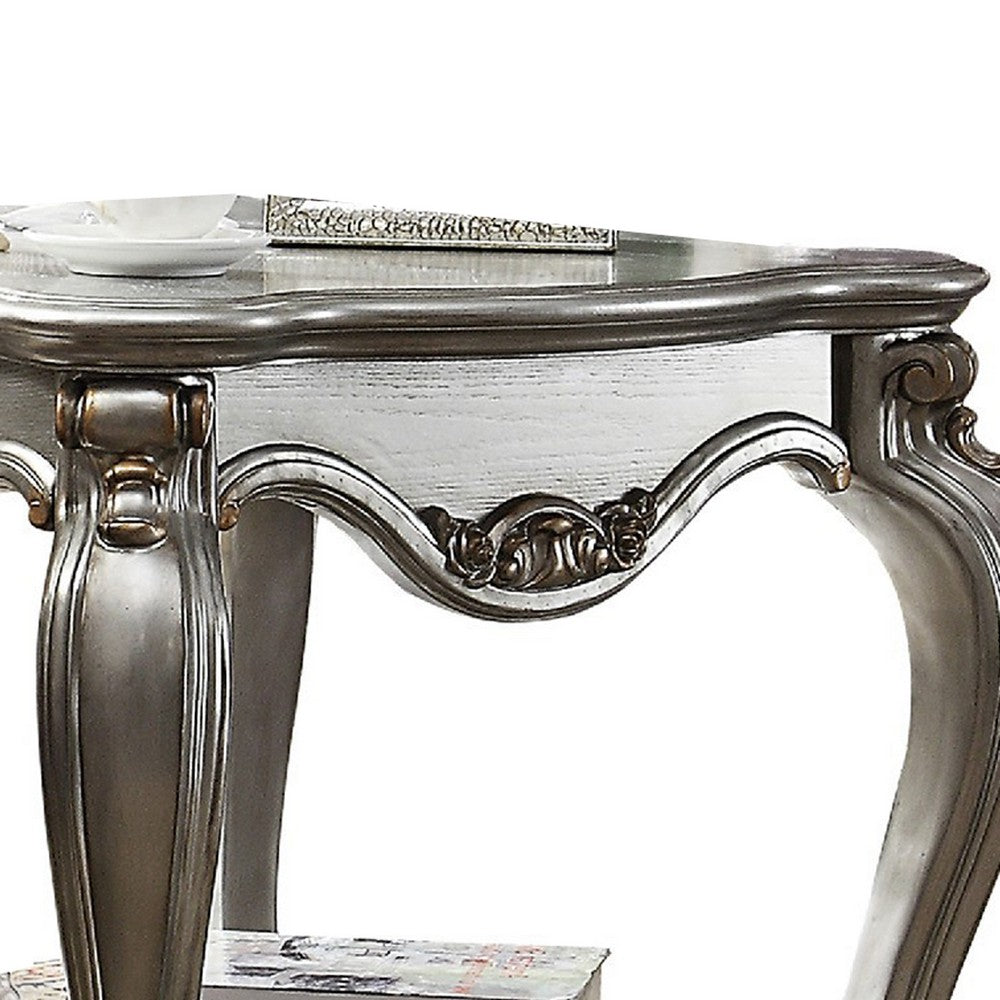 Side End Table, Scalloping, Polyresin Carvings and Bottom Shelf, Silver - AMF-83467