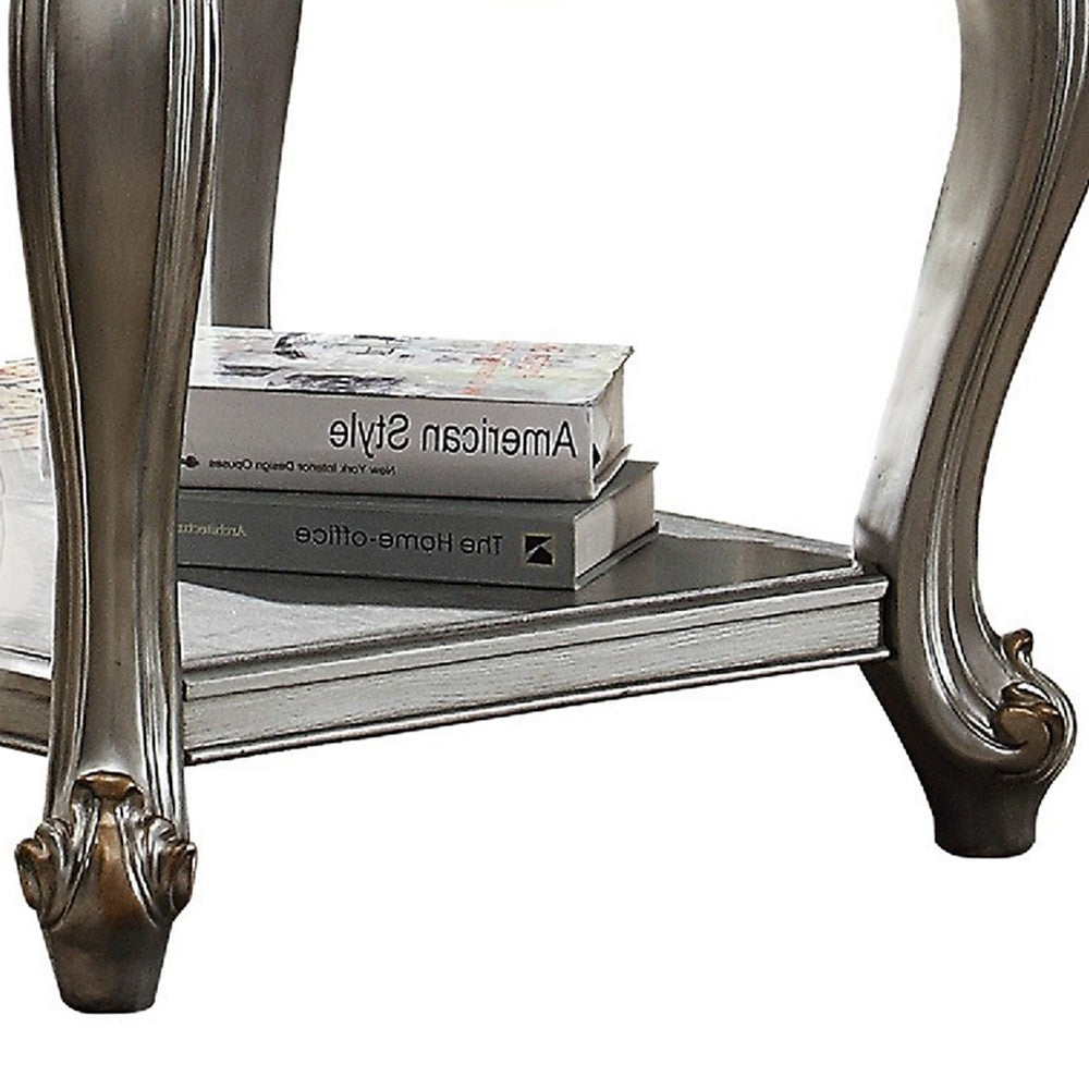Side End Table, Scalloping, Polyresin Carvings and Bottom Shelf, Silver - AMF-83467