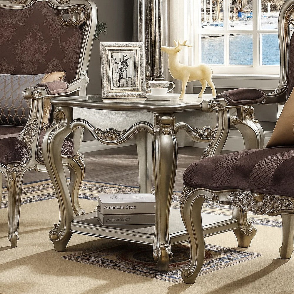Side End Table, Scalloping, Polyresin Carvings and Bottom Shelf, Silver - AMF-83467