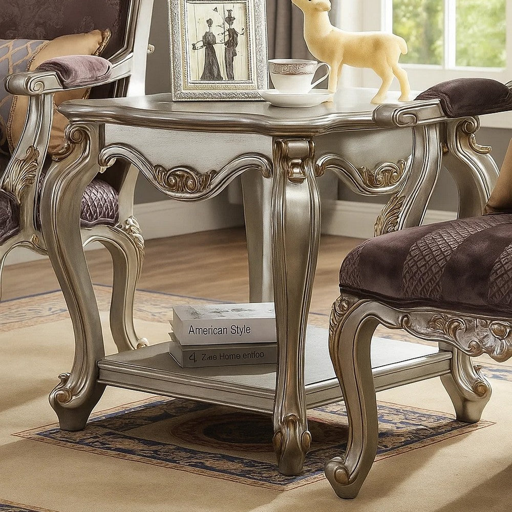 Side End Table, Scalloping, Polyresin Carvings and Bottom Shelf, Silver - AMF-83467