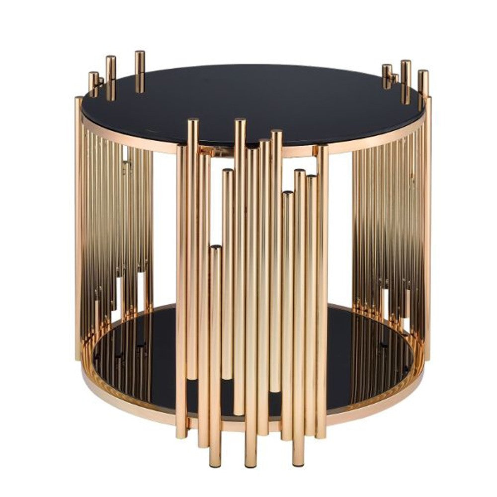 Modern Metal and Glass End Table with Tubing Design, Black and Gold - AMF-84492