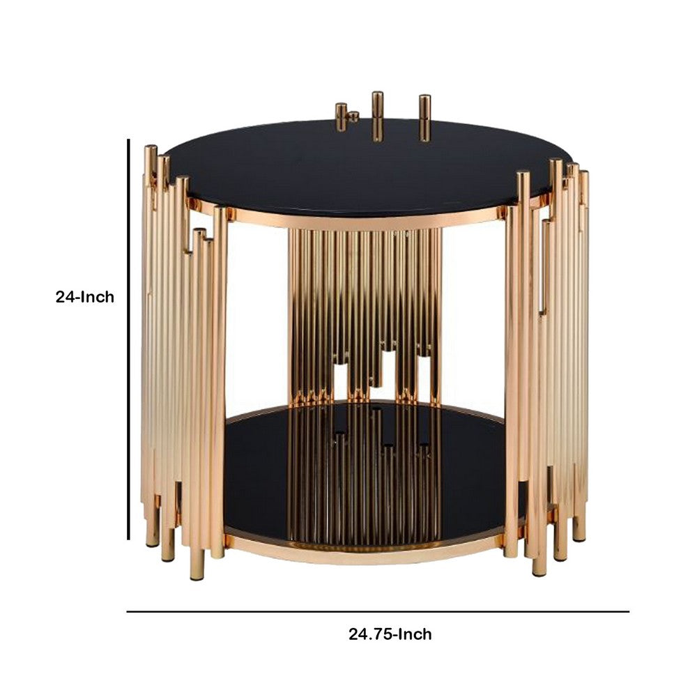 Modern Metal and Glass End Table with Tubing Design, Black and Gold - AMF-84492