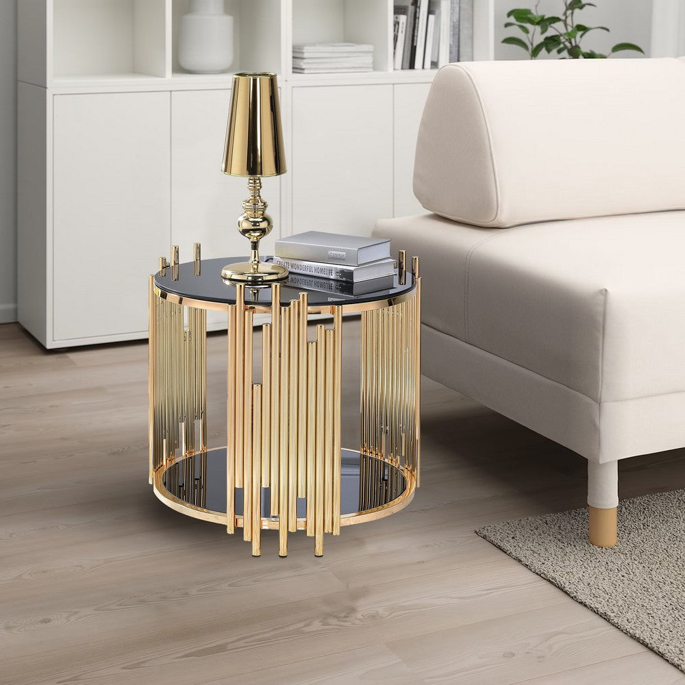 Modern Metal and Glass End Table with Tubing Design, Black and Gold - AMF-84492