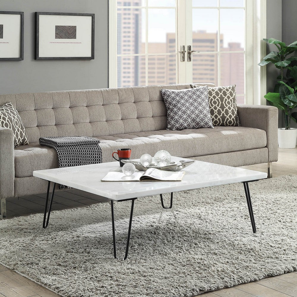 Marble Top Coffee Table with Hairpin Style Metal Legs, White and Black - AMF-84500
