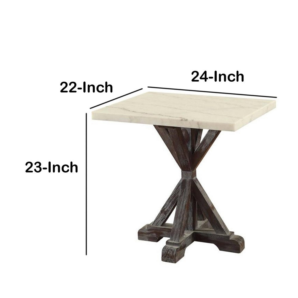 Marble Top End Table With Wooden Tri Pod Base, White And Espresso Brown - AMF-84547