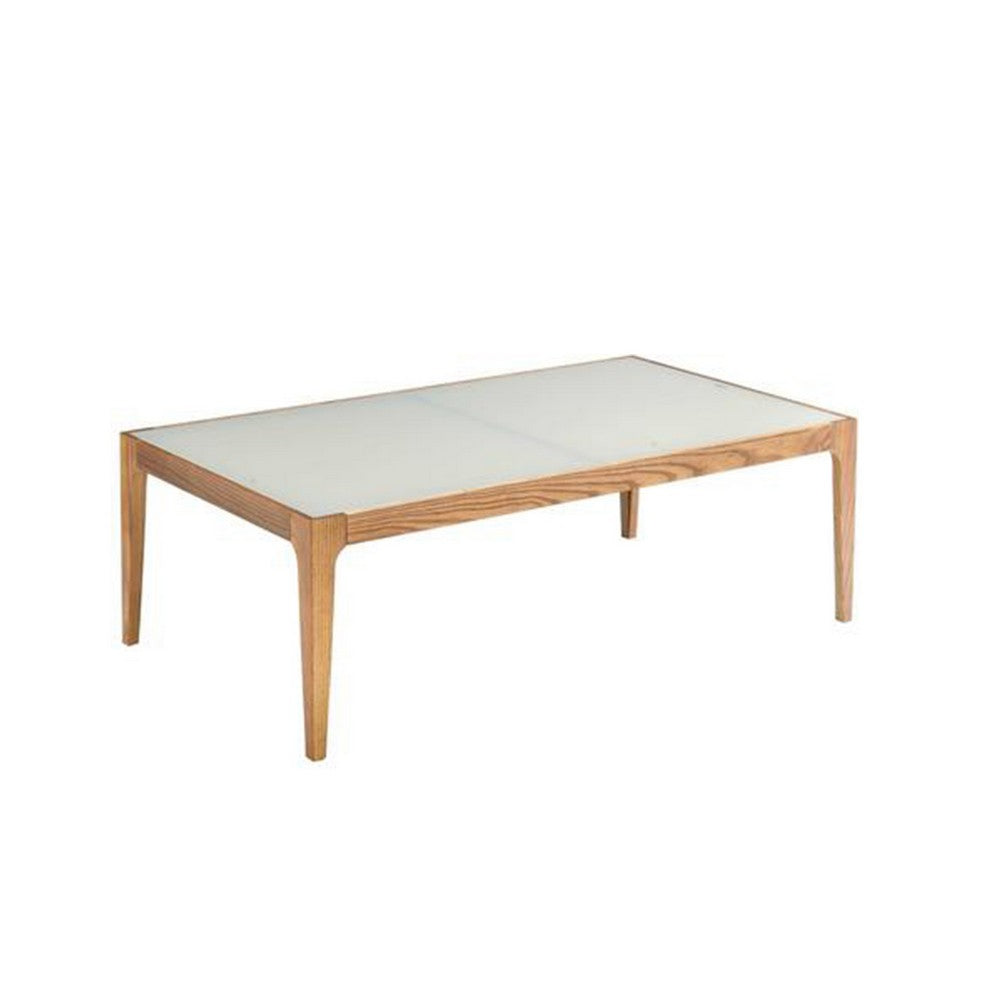 Wooden Frame Rectangular Coffee Table with Beveled Tempered Glass Top, Brown and Clear - AMF-84665