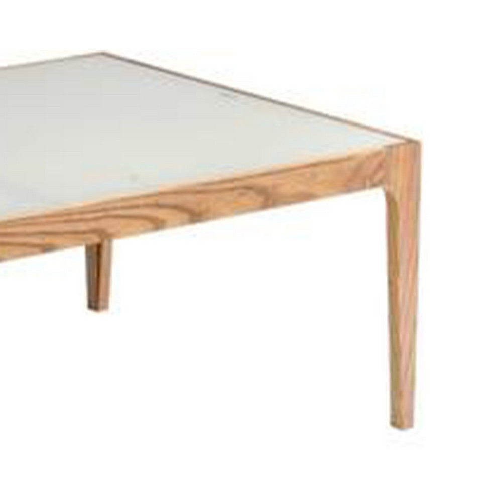 Wooden Frame Rectangular Coffee Table with Beveled Tempered Glass Top, Brown and Clear - AMF-84665