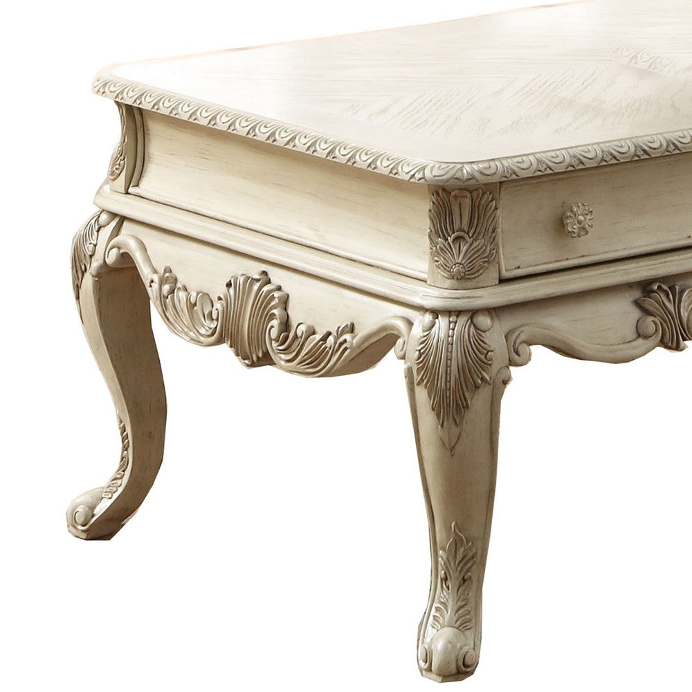Vintage Style Wooden Coffee Table with Cabriole Legs and Two Broad Drawers, White - AMF-86020