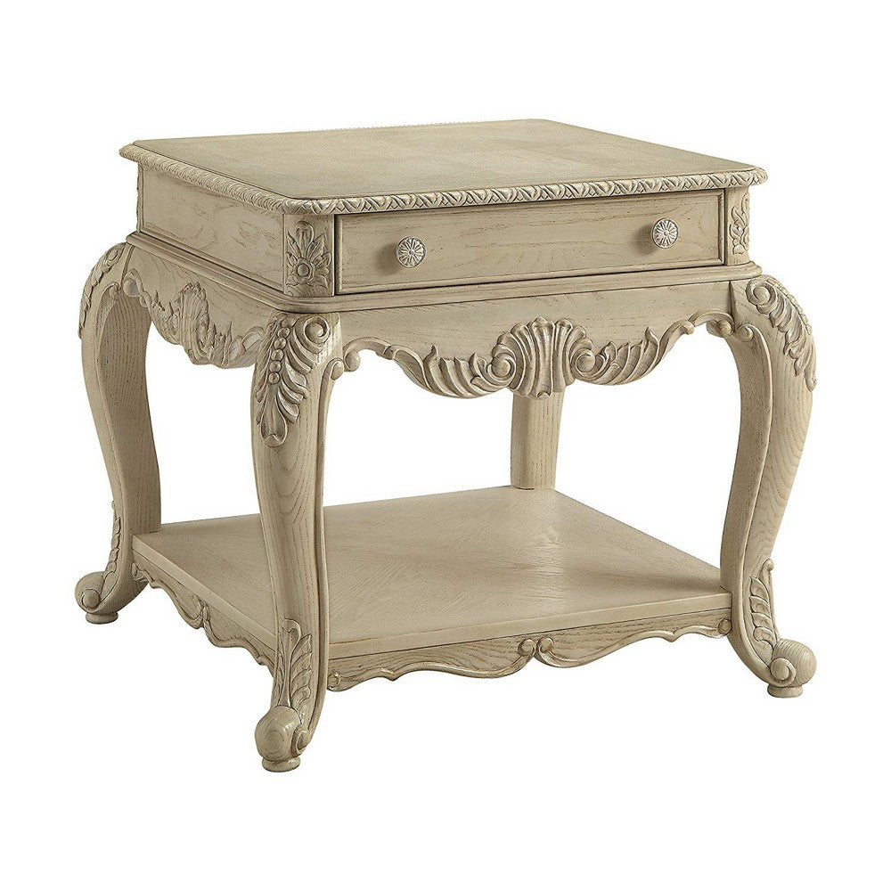 Wooden End Table With One Drawer And Bottom Shelf, Antique White - AMF-86022