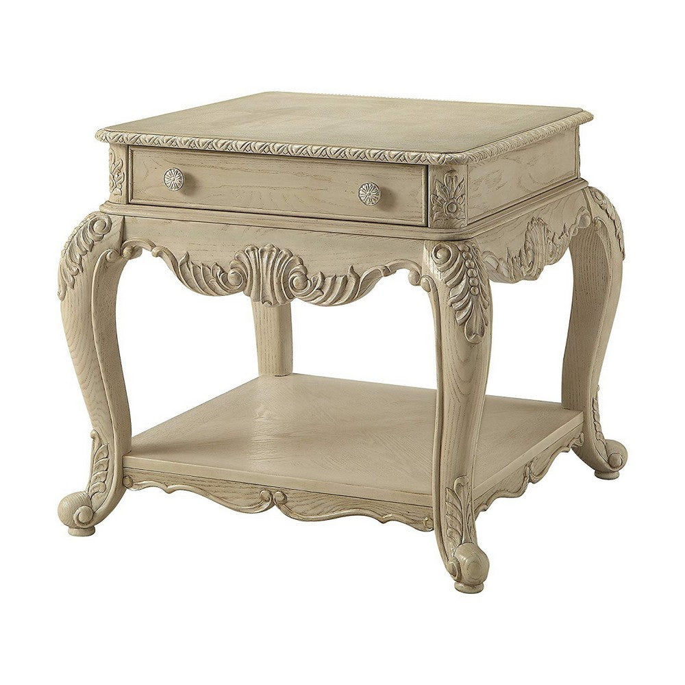 Wooden End Table With One Drawer And Bottom Shelf, Antique White - AMF-86022
