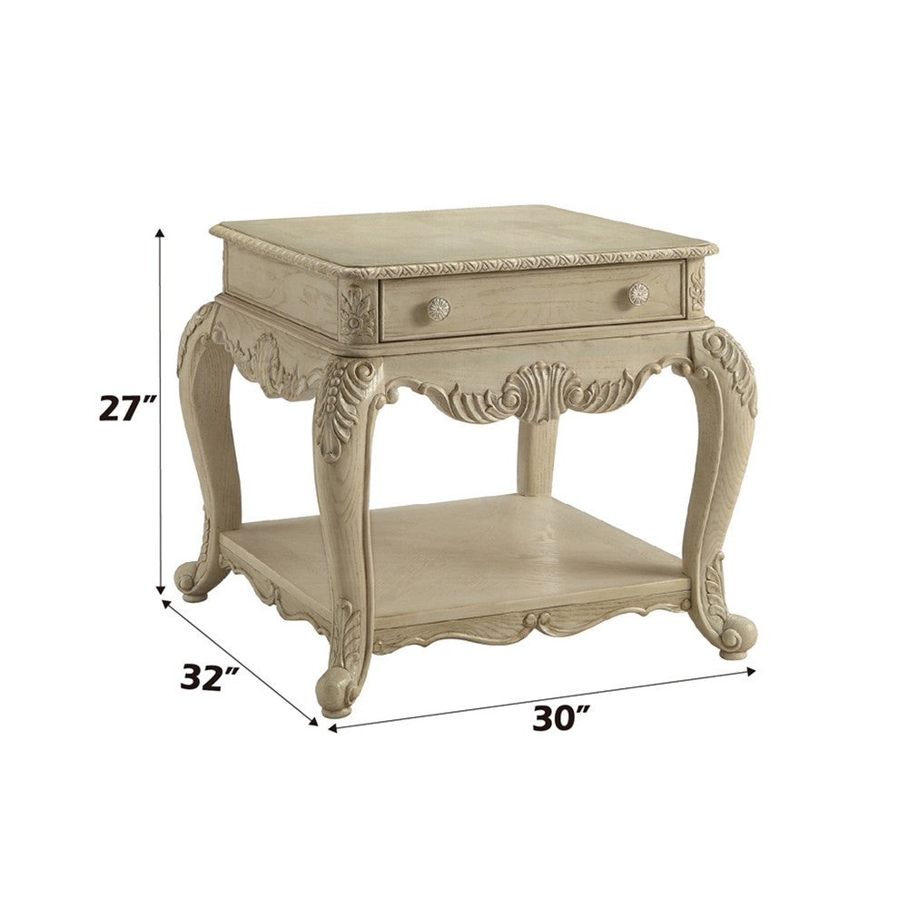 Wooden End Table With One Drawer And Bottom Shelf, Antique White - AMF-86022