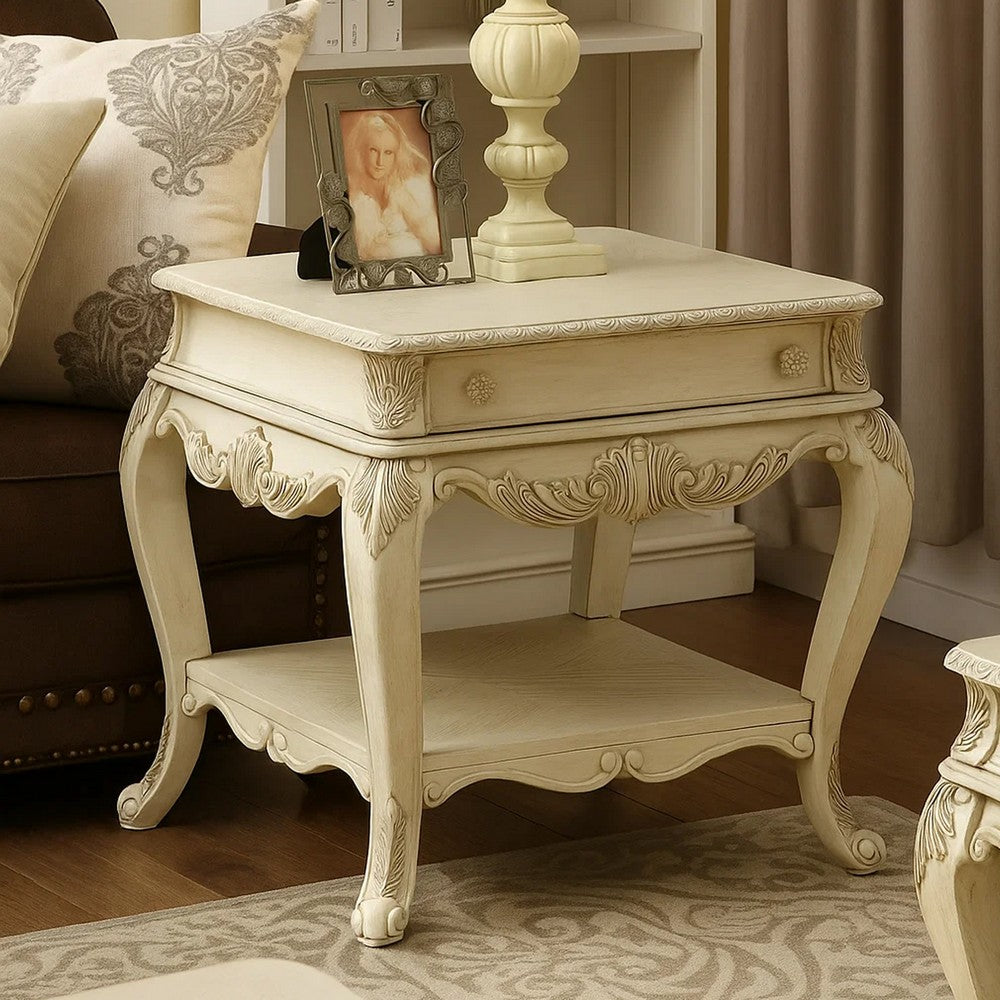 Wooden End Table With One Drawer And Bottom Shelf, Antique White - AMF-86022