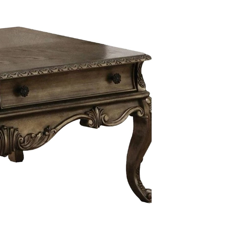 Wooden Rectangular Coffee Table with Cabriole Legs and Two Broad Drawers, Oak Brown - AMF-86030