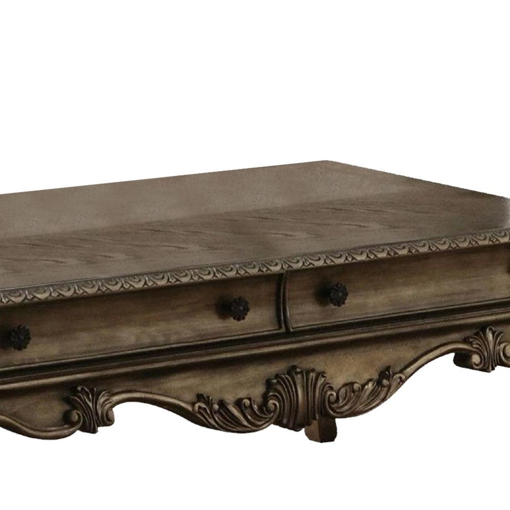 Wooden Rectangular Coffee Table with Cabriole Legs and Two Broad Drawers, Oak Brown - AMF-86030