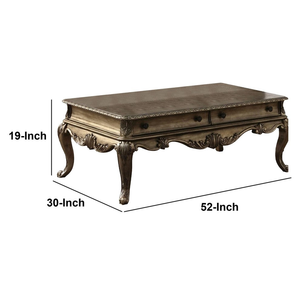 Wooden Rectangular Coffee Table with Cabriole Legs and Two Broad Drawers, Oak Brown - AMF-86030