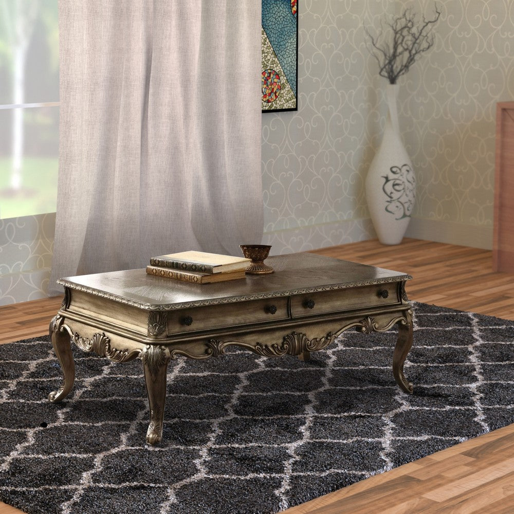 Wooden Rectangular Coffee Table with Cabriole Legs and Two Broad Drawers, Oak Brown - AMF-86030